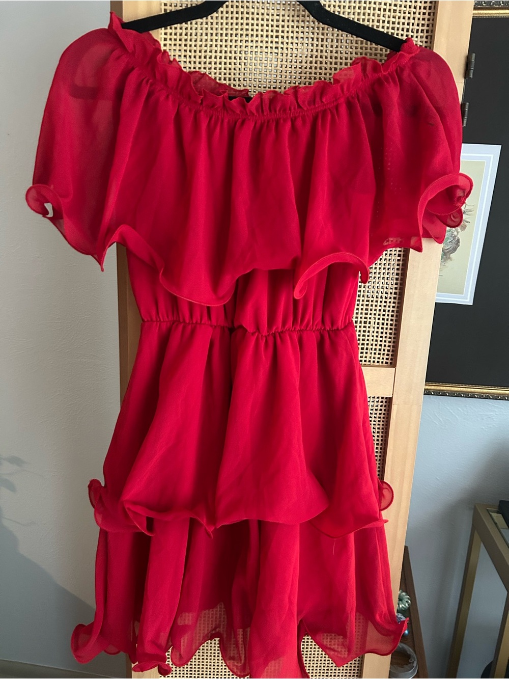 PrettyLittleThing Red Ruffle Off Shoulder Mini Dress Size 4 Chiffon NWT